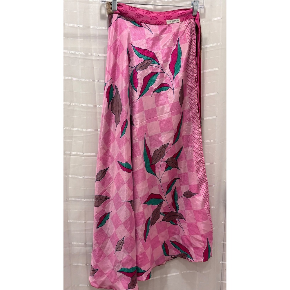 Earthbound Trading Co Reversible Wrap Maxi Skirt Pink Leaf Print Boho OS